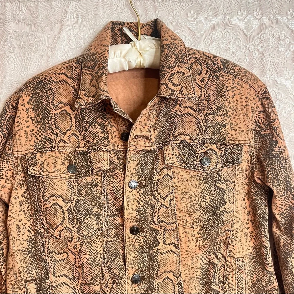Free People Jacket Women's Medium Brown Black Denim Trucker Snake Skin Collared - Picture 3 of 13